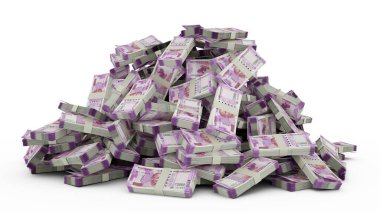 Big pile of Indian rupee notes a lot of money over white background. 3d rendering of bundles of cash