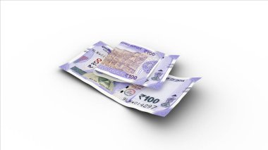 Beyaz arkaplanda gölgeleri olan 3D çift 100 'lük Hint rupisi.