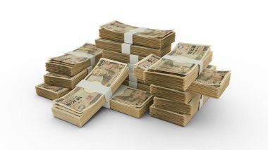 Bundles of Japanese yen notes. 3D rendering of bundles of banknotes