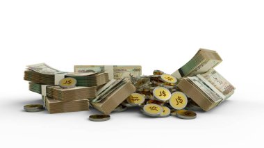 Jamaican dollar notes and coins. 3D rendering of bundles of banknotes and coin concept