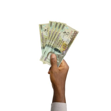 Black Hand holding 3D rendered Jamaican dollar notes