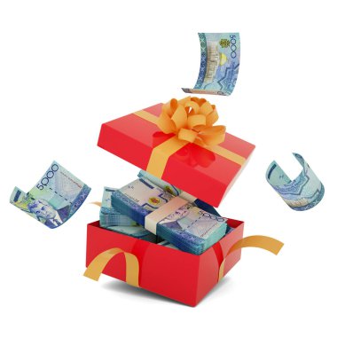 Turkmenistani manat notes inside an open red gift box. Turkmenistani manat inside and flying around a gift box. 3d rendering of money inside box isolated on white background