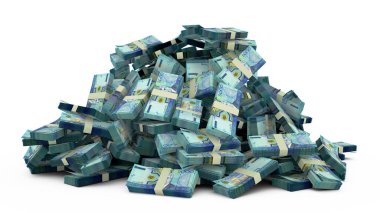 Big pile of Turkmenistani manat notes a lot of money over white background. 3d rendering of bundles of cash
