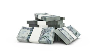 3d rendering of Stack of Turkmenistani manat notes. bundles of Turkmenistani currency notes isolated on white background
