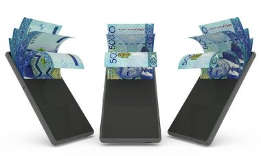 Turkmenistani manat notes inside a mobile phone. money coming out of cell phone. 3d rendering of set of mobile money transaction concept. money from Phone