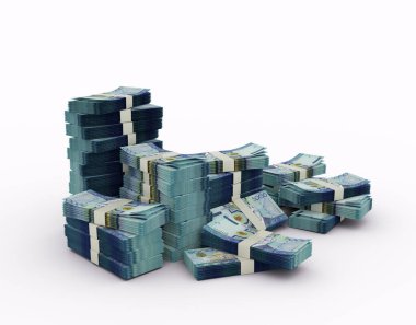 Stack of Turkmenistani manat notes. 3d rendering of bundles of money isolated on white background