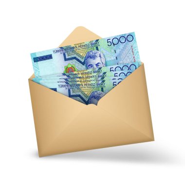 Turkmenistani manat notes inside an open brown envelope. 3D illustration of money in an open envelope