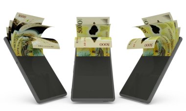 Vanuatu vatu notes inside a mobile phone. money coming out of cell phone. 3d rendering of set of mobile money transaction concept. money from Phone