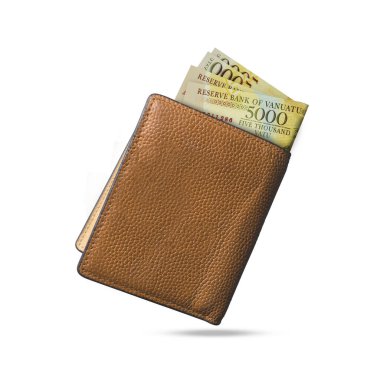 3D rendering of Vanuatu vatu notes popping out of a brown leather mens wallet. Vanuatu vatu in wallet
