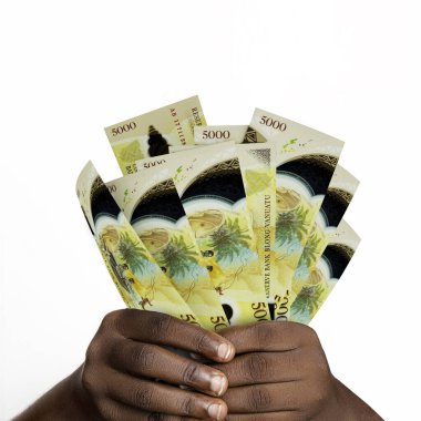 Black hands holding 3D rendered Vanuatu vatu notes. closeup of Hands holding Vanuatu currency notes