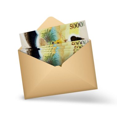 Vanuatu vatu notes inside an open brown envelope. 3D illustration of money in an open envelope