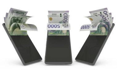 Serbian dinar notes inside a mobile phone. money coming out of cell phone. 3d rendering of set of mobile money transaction concept. money from Phone