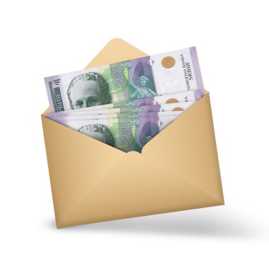 Serbian dinar notes inside an open brown envelope. 3D illustration of money in an open envelope