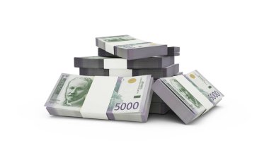 3d rendering of Stack of Serbian dinar notes. bundles of Serbian currency notes isolated on white background