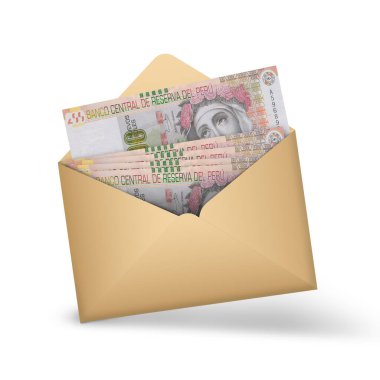 Peruvian sol notes inside an open brown envelope. 3D illustration of money in an open envelope