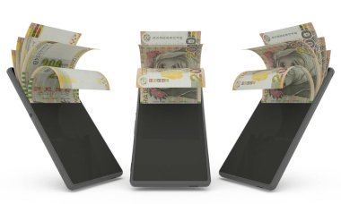 Peruvian so notes inside a mobile phone. money coming out of cell phone. 3d rendering of set of mobile money transaction concept. money from Phone