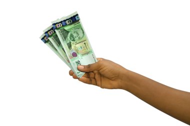 Fair hand holding 3D rendered 100 Bulgarian lev notes isolated on white background