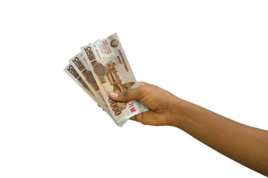 Fair hand holding 3D rendered North Korean won notes isolated on white background