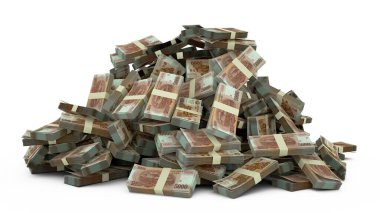 Big pile of North Korean won notes a lot of money over white background. 3d rendering of bundles of cash