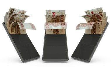 North Korean won notes inside a mobile phone. money coming out of cell phone. 3d rendering of set of mobile money transaction concept. money from Phone