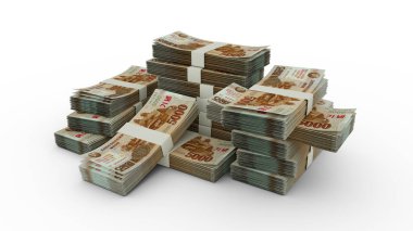 Stack of North Korean won notes. 3D rendering of bundles of banknotes