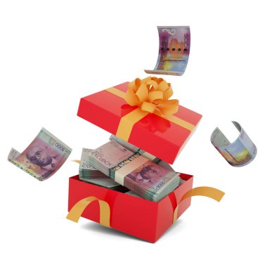 Cape Verdean escudo notes inside an open red gift box. Cape Verdean escudo inside and flying around a gift box. 3d rendering of money inside box isolated on white background