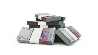 3d rendering of Stack of Cape Verdean escudo notes. bundles of Cape Verdean currency notes isolated on white background