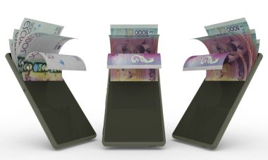 Cape Verdean escudo notes inside a mobile phone. money coming out of mobile phone. 3d rendering of set of mobile money transaction concept. money from Phone