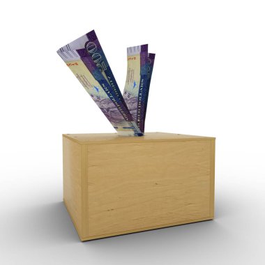 3D rendering of Liberian dollar notes in wooden Savings box