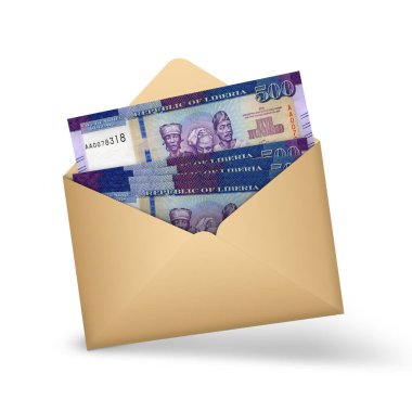Liberian dollar notes inside an open brown envelope. 3D illustration of money in an open envelope