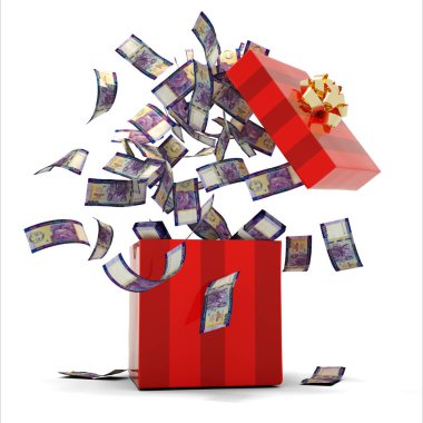 3D rendering of A lot of Liberian dollar notes coming out of an opened red gift box