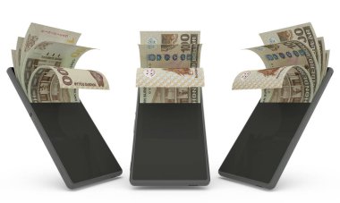 Suriname dollar notes inside a mobile phone. money coming out of mobile phone. 3d rendering of set of mobile money transaction concept. money from Phone