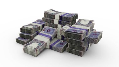 Bundles of Qatari riyal notes. 3D rendering of bundles of banknotes