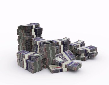 Stack of Qatari riyal notes. 3d rendering of bundles of money isolated on white background