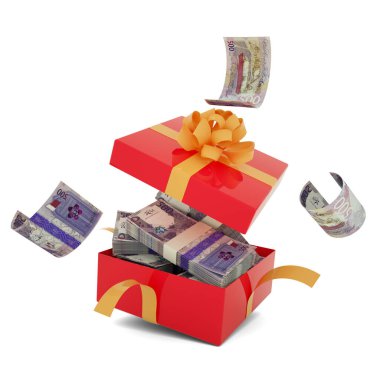 Qatari Riyal notes inside an open red gift box. Qatari Riyal inside and flying around a gift box. 3d rendering of money inside box isolated on white background