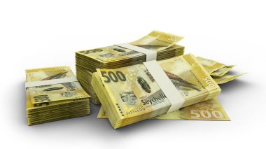 3D Stack of 500 Seychellois rupee notes isolated on whited background. Seychelles currency