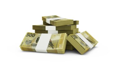 3d rendering of Stack of Seychellois rupee notes. bundles of Seychelles currency notes isolated on white background