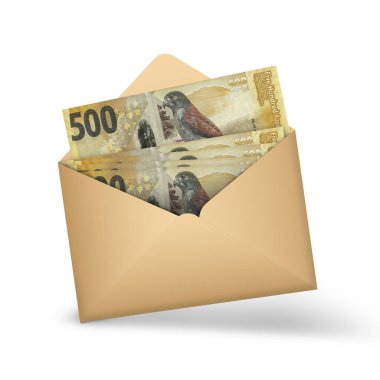 Seychellois rupee notes inside an open brown envelope. 3D illustration of money in an open envelope