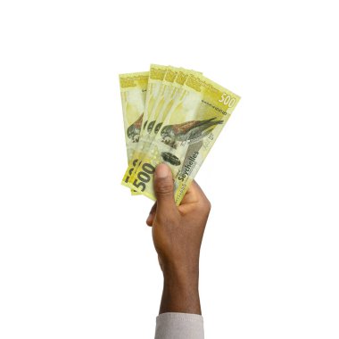 Black Hand holding 3D rendered 500 Seychellois rupee notes