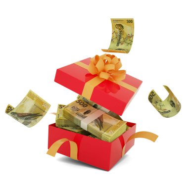 Seychellois rupee notes inside an open red gift box. Seychellois rupees inside and flying around a gift box. 3d rendering of money inside box isolated on white background