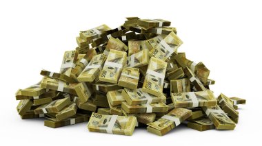 Big pile of Seychellois rupee notes a lot of money over white background. 3d rendering of bundles of cash