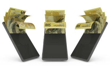 Seychellois rupee notes inside a mobile phone. money coming out of cell phone. 3d rendering of set of mobile money transaction concept. money from Phone