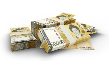 3D Stack of Korean won notes isolated on white background