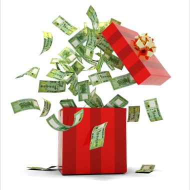 3D rendering of A lot of Lebanese pound notes coming out of an opened red gift box