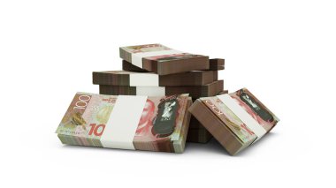 3d rendering of Stack of New Zealand dollar notes. bundles of New Zealand currency notes isolated on white background