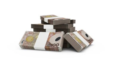3d rendering of Stack of 100 New Zealand dollar notes. bundles of New Zealand currency notes isolated on white background