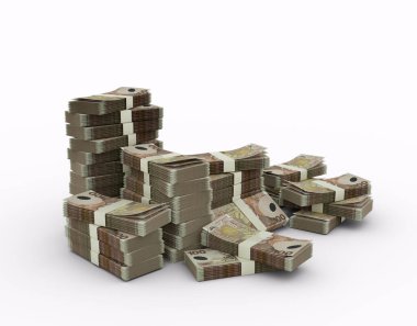 Stack of 100 New Zealand dollar notes. 3d rendering of bundles of money isolated on white background