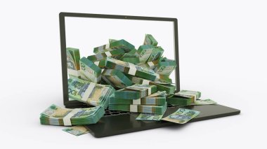 3D rendering of Australian dollar notes coming out of a Laptop monitor isolated on white background. stacks of dollar notes inside a laptop. money from computer, money from laptop
