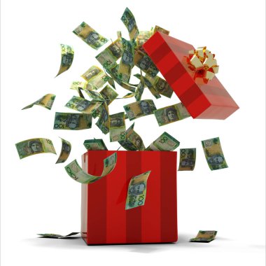 3D rendering of A lot of Australian dollar notes coming out of an opened red gift box. Money flying out of box