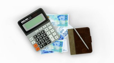 3D rendering of an isolated composition of Israeli Shekel notes, a calculator, a note book and a pen